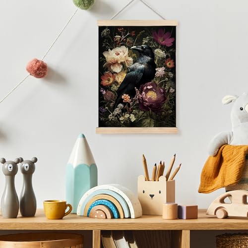 Image of PQKIY Dark Gothic Floral Raven Wall Art Poster Hanger Frame 12x16 in, Vintage Dark Cottagecore Moody Botanical Flower Crow Wall Decor Canvas Prints for Home Bedroom Living Room