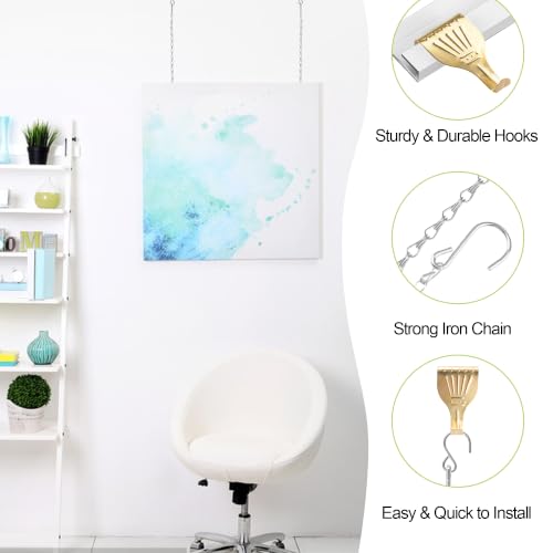 Image of Picture Hanging Kit-10Pcs Frame Rail Hooks with 10Pcs Chains, Metal Rail Hanging Hooks Art Display Hanging System for Wall Picture, Exhibition(Silver-B)