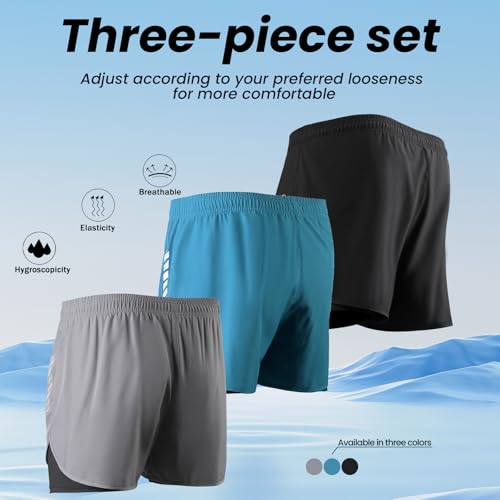3-Piece Men's Running Shorts - Breathable Quick-Drying Workout Shorts with Night Reflective Strips - Lightweight Fabric(M)2