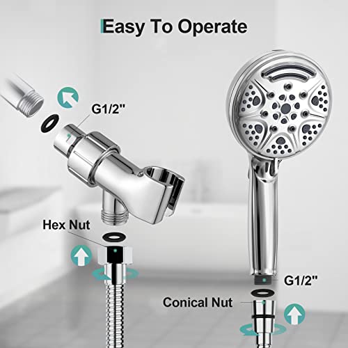 Shower Head - 9 Settings High Pressure Detachable Handheld Showerhead,Sr Sun Rise Power Wash Spray Hand Showers With Extra Long Hose And 360° Adjustable Wall & Overhead Brackets (Polished Chrome) #TOP5