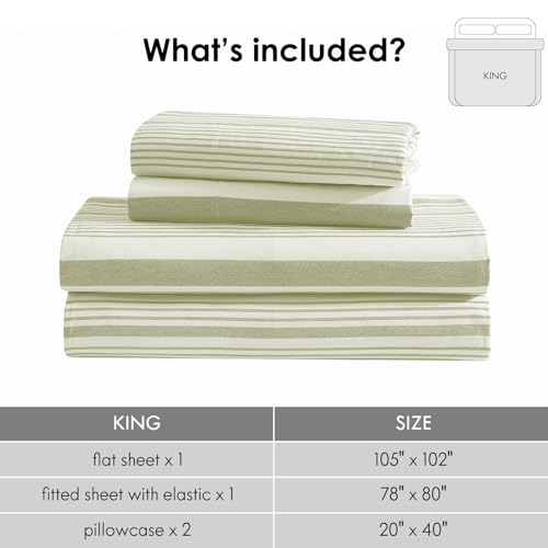 Image of ClevaHome King Sheets Set - 4 Piece Fitted Bed Sheet Set, Sage Stripe | 16 inch Deep Pocket, Super Soft & Breathable, Enhanced Comfort & Easy Care, Classic Stripe Sheet Set