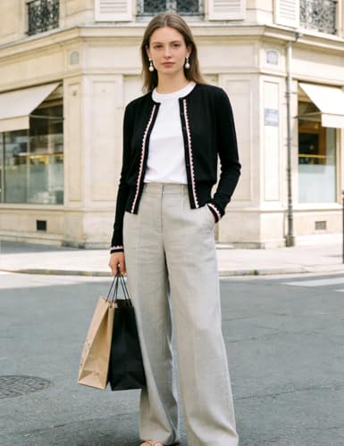 Image of Women's Cardigan Sweater Color Block Long Sleeve Crew Neck Knit Cardigan Trendy Cropped Cardigan Shrug