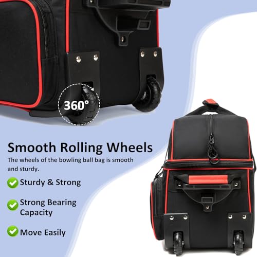 MARITTON Bowling Bag with Wheels Double Roller 2 Ball Bowling Separate Shoe Compartment and Oversized Accessory Pocket, 36.6\" Extendable Handle. (RED)