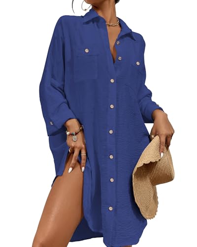 Bsubseach Womens Modern Swimsuit Cover Up Blouse Button Down Shirt Dresses Tops Dark Blue XXL
