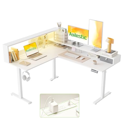 Image of Agilestic L-Shaped Electric Standing Desk, 63x55 Inch Ergonomic Adjustable Height Desk with Storage, Stand Up Corner Desk Sit Stand Computer Table Power Outlet & LED Lights, Office Table, White