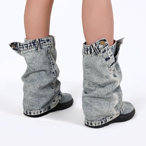 Kalstage Womens Denim Mid Calf Boots Fold Over Slouchy Platform Wedge Booties Vintage Y2k Shark Jean Boots4