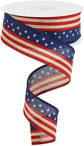 Stars & Stripes Flag Wired Edge Ribbon - 1.5 Inches x 10 Yards (Light Beige, Red, Blue)