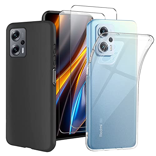 GEJEFA Funda para Xiaomi Poco F4 5G Transparente + Negro Funda con 2 Piezas Cristal Templado, Resistente Funda TPU Protectora e Anti-Scratch Blando Funda para Poco F4 5G