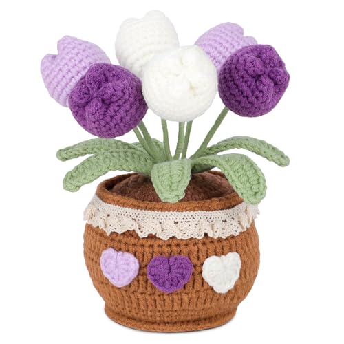 Lovmeety Tulipani viola in vaso all'uncinetto, fiori fatti a mano all'uncinetto con vaso tulipani fiori lavorati a maglia in vaso bouquet all'uncinetto per casa ufficio scrivania mensola regalo