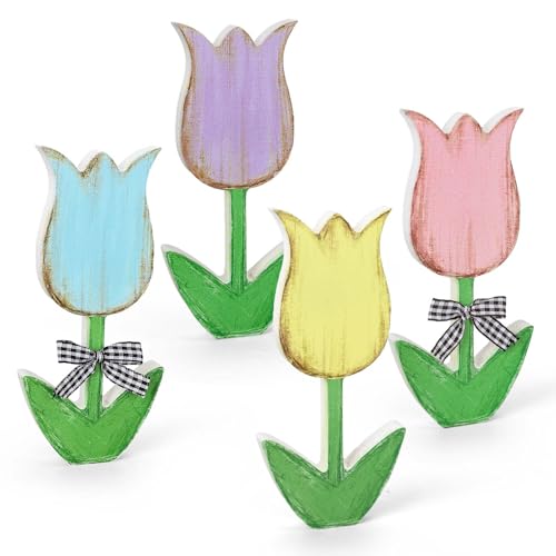JarThenaAMCS 4Pcs Retro Spring Tulip Flower Wooden Table Signs Colorful
