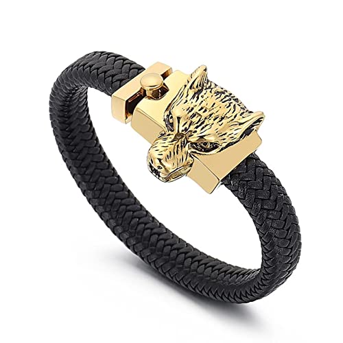 Bracelet en cuir tressé et loup punk acier inoxydable KnSam 21.5cm