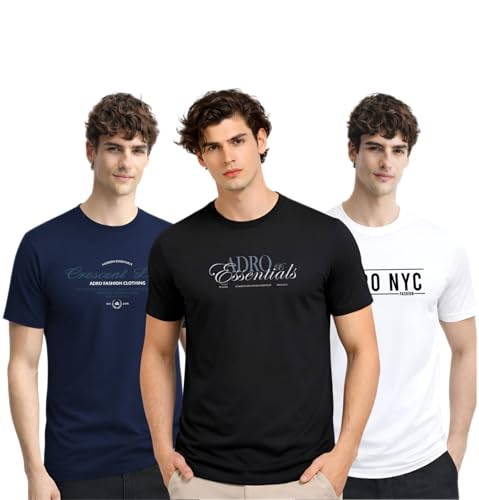 Image of ADRO Mens Printed Cotton T-Shirts Pack of 3 | Regular Fit Graphic Tshirt | Breathable Modern Stylish Casual T Shirt for Travel Gym Daily Lifestyle