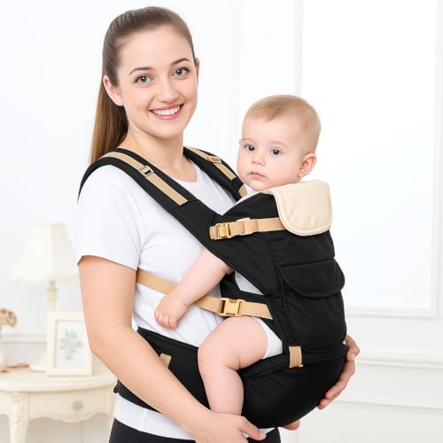 Kidsmate 6-in-1 Baby Carrier Bag with Hip Seat | Adjustable Straps & Padded Support | Multi-Carry Options Perfect for Parents & Ultimate Comfy Carry Bag for Babies 6-18 Months | Max Load 18kg - Black