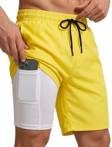 Buauty Mens Swim Trunks with Compression Liner 7 Inch Inseam Quick Dry Swim Shorts Mens Bathing Suit Board Shorts with Pockets 2 in 1 Beach Swimming Shorts Dissolvable Swimsuit Swimwear Big and Tall