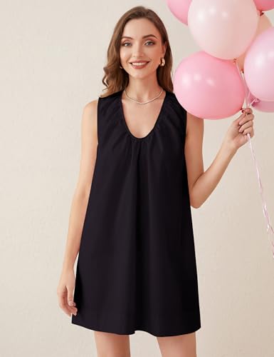 Image of MISSACTIVER Women's Sleeveless Babydoll Tank Mini Dress Scoop Neck Ruched Short Dress with Side Pockets Summer Party Dresses