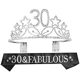 30th Birthday Gifts for Woman, 30th Birthday Tiara and Sash, Happy 30th Birthday Party Supplies, 30 & Fabulous Glitter Satin Sash and Crystal Tiara Birthday Crown for 30th Birthday Party Supp