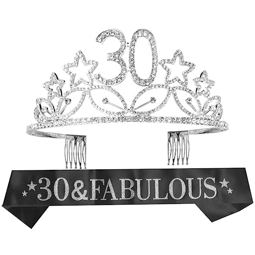 MEANT2TOBE 30th Birthday Sash and Tiara for Women - Fabulous Glitter Sash + Stars Rhinestone Silver Premium Metal Tiara for Her, 30th Birthday Gifts for 30 Party
