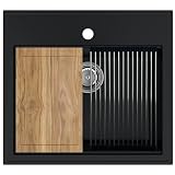 SINK QUALITY Lavello da cucina in granito nero, 56 x 51 cm, moderno lavello da cucina con tagliere, sifone, scolapiatti, impregnante – Lavello da incasso singolo per mobile da 60 pezzi