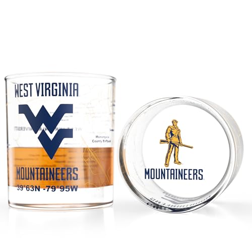 Image of Greenline Goods West Virginia University Mountaineers Whiskey Glasses Set of 2, 10 oz Rocks Glasses with Full-Color Logo & Campus Map - Officially Licensed Bourbon Glass Gift for Alumni & Fans