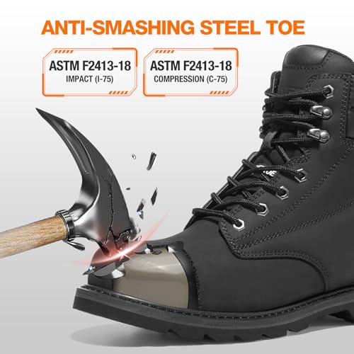 Image of Waterproof Steel Toe Work Boots for Men, EH Rated, Slip Resistant | Mens Safety Toe Work Shoes, ASTM F2413-24, Full-Grain Leather, Oil Resistant, for Construction Industrial Warehouse