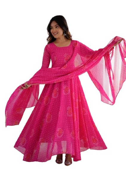 JS CREATIVE Elegant Pink Bandhani-Style Anarkali Suit With Flowing Dupatta Soft Georgette Fabric, Full Length Flared Silhouette Traditional Paisley Motifs-image-18
