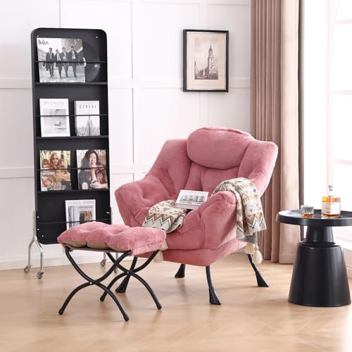 Image of LITA Lazy Chair with Ottoman, Modern Accent Leisure Upholstered Sofa Chair, Lounge Reading Chairs with Armrests and a Side Pocket for Living Room, Bedroom & Small Space, Plush Dark Pink