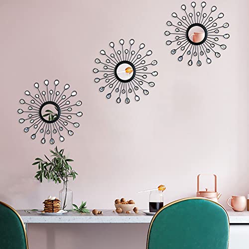 Uaussi 3 Pack Metal Wall Mirrors Rhinestones Starburst Mirror Set Bling Home Decorative Hanging Wall Art For Living Room Bedroom-Water-Drop Burst Black #TOP5