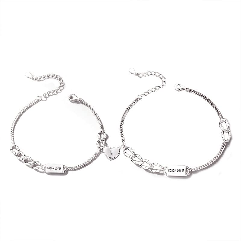 Braccialetto Da Donna In Argento Sterling 925 2 Pezzi Braccialetti Magnetici Per Coppie Con Cuore Abbinato In Argento Sterling Braccialetti Con Lettere Incise Ciondolo D'Amore Braccialett