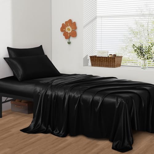 Image of SiinvdaBZX 4-Piece Cot Sheet Set 31 inch x 75 inch, Black Satin Cot Size Sheets Silky Soft Rv Bunk Bed Sheets for Narrow Twin /Camp Bunk /Guest Beds /Army Cots /Trifold Mattress