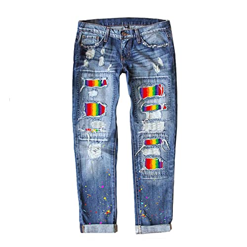 Boyfriend Jeans for Women Ripped Hole Rainbow Tie Dye Patch Straight Denim Pants