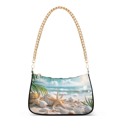 Summer Starfish Seashells Beach Print Shoulder Purses for Women Small Hobo Purse Chain Strap Zipper Wallet Purses