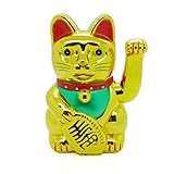 Starlet24® Winkende Glückskatze Winkekatze Lucky Cat Maneki-Neko Winkende Japanische Maneki-Neko batteriebetrieben (Gold Glänzend, 13cm)