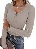 Aottori Damen Langarmshirt V Ausschnitt Slim Fit Oberteile mit Knopfleiste Gerippt Elegant Pullover Stretch T Shirts Langarm Basic Tops Casual Beige M