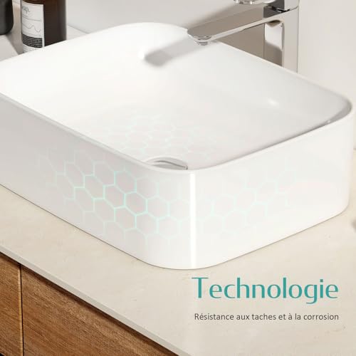 EMKE Aufsatzwaschtisch, rechteckig, 50,5 × 38 × 15 cm, Waschbecken für Gäste-WC, Aufsatzwaschbecken aus Keramik, für Waschbecken, Badezimmer, Weiß