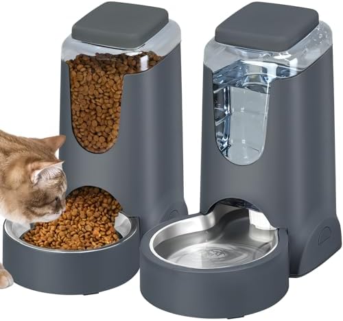 Automatic Cat Dog Feeder and Water Dispenser with Stainless Steel Bowl Gravity Food Feeder and Waterer for Small Medium Pets Puppy Kitten 1 Gallon x 2