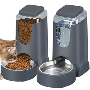 Portable Automatic Cat Feeder and Water Dispenser with Stainless Steel Bowl Dog Gravity Food Feeder and Waterer for Small Medium Pets Puppy Kitten 1 Gallon x 2