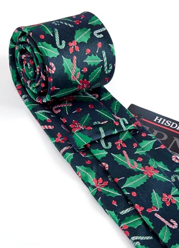 Image of HISDERN Christmas Ties for Men Holiday Tie and Pocket Square Cufflinks Festival Party Xmas Funny Silk Woven Necktie