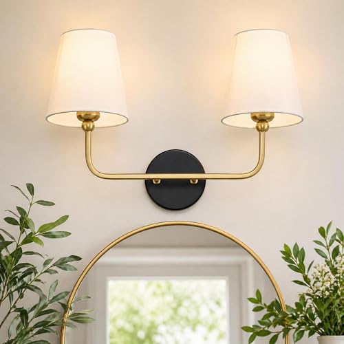 Image of 2-Light Bathroom Light Fixtures, Black and Gold Vanity Lights, Double Wall Sconce with Flared White Fabric Shade, Modern Sconces Wall Lighting for Hallway Bedroom Stairway, VL837-KG-2