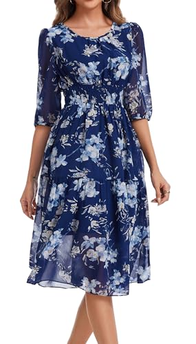 Image of Kormei Women Casual Boho Floral Round Neck 3 /4 Sleeve Smocked Waist Tiered A Line Flowy Swing Midi Dress Long Dresses