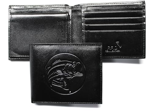 Bass Fishing Embossed Leather Bifold Wallet - Black RFID Safe2