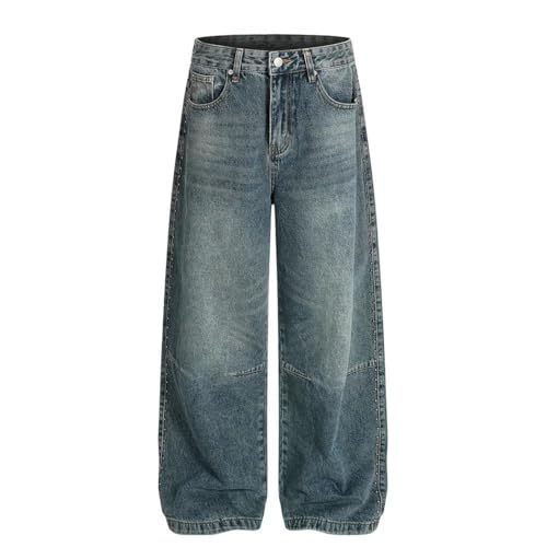 Men’s Retro Pocket Jeans with Rivets, Washed Distressed, Casual Loose Fit Wide Leg Denim Pants2