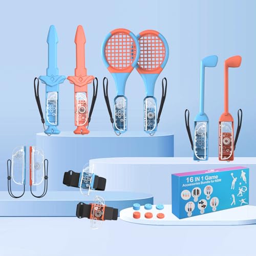 16 in 1 Sports Accessories Bundle for Nintendo Switch 2 ,Family Accessories Kit for Nintendo switch 2 2025 with Golf Clubs ,Tennis Rackets,Soccer wrist/Leg Strap, Swords,Wristbands, Button Caps (Multicolor)