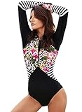 Zereesa Damen Badeanzug Sportlich Langarm Rash Guard Surfen Schwimmanzug Tankini Swimsuit Figurformend mit Blumendruck Einteilige Neoprenanzug Wassersport Surfing Badeanzüge mit Reißverschluss S-XXL