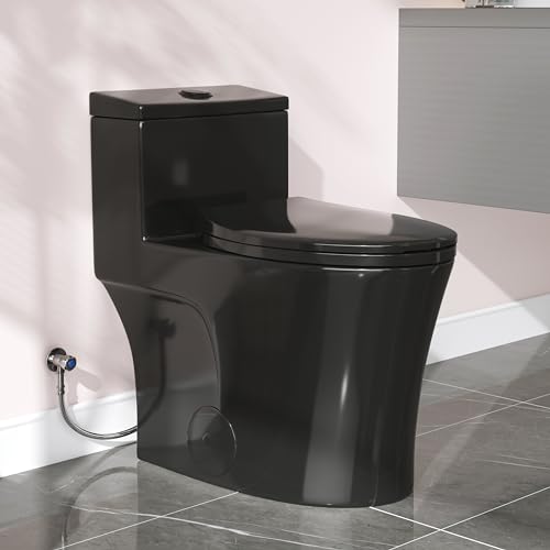 HOROW T0338WB Elongated One Piece Toilet Black Compact Modern Toilet with Comfortable Seat Height ADA Chair Height 17.3 Power Dual Flush 1.1/1.6 GPF Matte Black 12 Rough-in