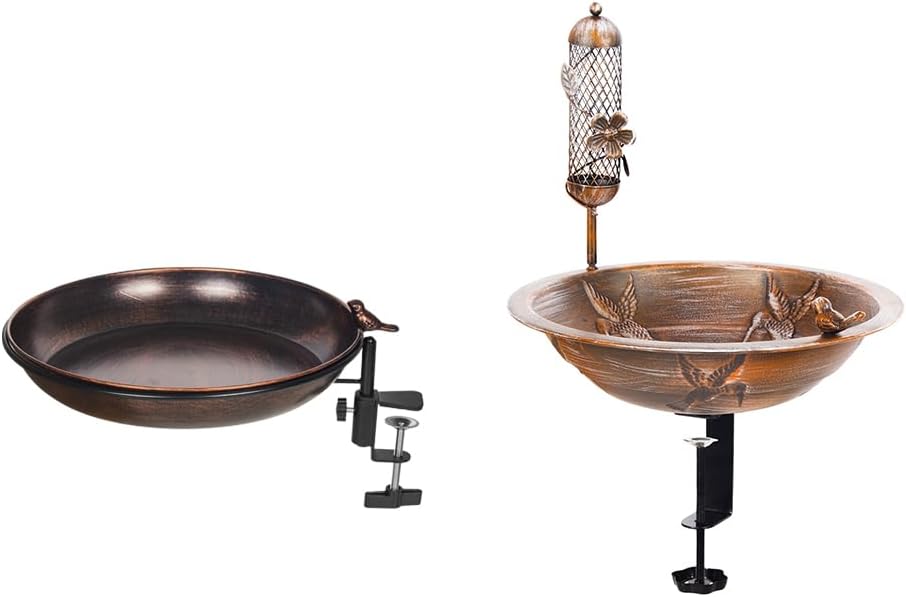 DREAMSOUL Deck Mounted Metal Bird Bath + 13" Deck Bird Bath with Bird Feeder, for Deck Railing Balcony Yard Outdoors Garden Decoration