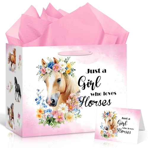 Horse Gift Bag for Girls Just a Girl Who Loves Horses Gift Wrap Bag with Handle Wrapping Paper Card Western Cowgirl Themed Party Favor Bags for Women Baby Shower Birthday Party Decorations Supplies