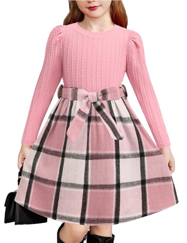 Arshiner Girls Puff Long Sleeve Dresses Ribbed Knit Checked Patchwork Casual Princess Dress Children's Autumn Winter Dresses with Pockets Pink/Pink Check 130 7-8 Years