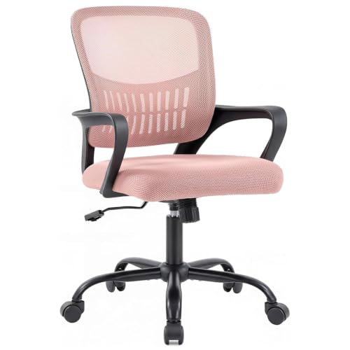 Image of DUMOS Home Office Chair, Ergonomic Lumbar Support Desk Chair | Mid Back Mesh, Height Adjustable Fixed Armrest, Rocking Mode 360 Swivel, Conference Computer, Pink