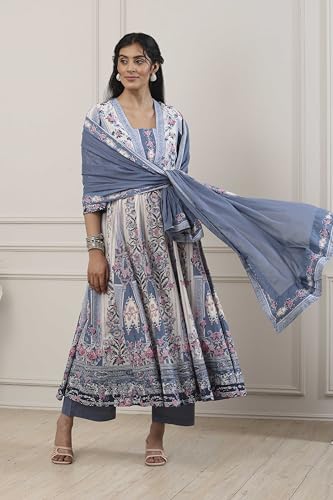 Image of Biba Printed Cotton A-Line Festive Kurta With Palazzo and Dupatta