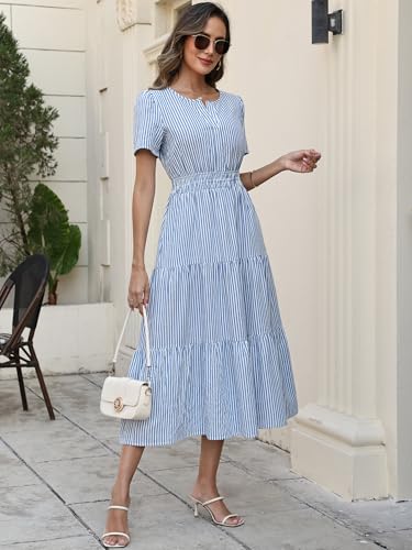 Caracilia Women's Summer Short Sleeve V-Neck Maxi Dress, Gingham & Striped Fabric, Casual A-Line Dress for Beach & Vacation Blue White Stripe X-Large — view 6